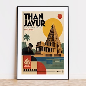Puede incluir: Un póster de viaje enmarcado con el texto THANJAVUR LAND OF TEMPLES AND ART TAMIL NADU. La ilustración muestra un gran templo, una estatua de toro Nandi, una palmera y un sol amarillo sobre un fondo crema con detalles geométricos.