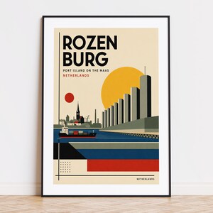 以下が含まれることがあります： オランダのローゼンブルグを描いたグラフィックイラストの額入りポスター。デザインには「ROZEN BURG」、「PORT ISLAND ON THE MAAS」、「NETHERLANDS」の文字が含まれています。貨物船、工業用建物、教会の尖塔、大きな黄色い太陽、小さな赤い円がクリーム色の背景に描かれた港の風景です。