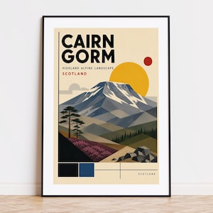 May include: A framed art print featuring a stylized landscape of Cairn Gorm in Scotland. The artwork includes a mountain range, a yellow sun, and the text "CAIRN GORM" and "SCOTLAND". The color palette includes beige, blue, green, and red.