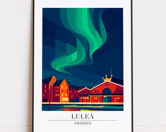 Op de afbeelding: Een ingelijste kunstdruk met een gestileerde illustratie van Luleå, Zweden, onder het noorderlicht. Het kunstwerk toont gebouwen in rood en oranje tinten, met een groen en blauw poollicht in de nachthemel. De tekst "LULEÅ SWEDEN" staat onderaan.