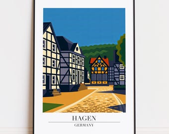 Könnte beinhalten: Ein gerahmter Kunstdruck mit einer stilisierten Illustration von Hagen, Deutschland. Das Kunstwerk zeigt traditionelle Fachwerkhäuser mit schwarz-weißen Fassaden, eine Kopfsteinpflasterstraße und einen blauen Himmel. Der Text "HAGEN GERMANY" befindet sich unten.