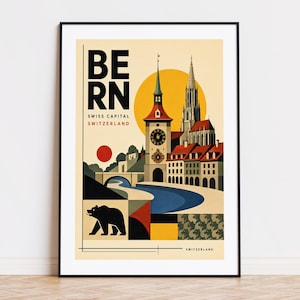 May include: A framed travel poster for Bern, Switzerland, featuring a clock tower, cathedral, and a bear silhouette. The poster has a retro design with the text "BERN SWISS CAPITAL SWITZERLAND". The color palette includes yellow, red, blue, and black.