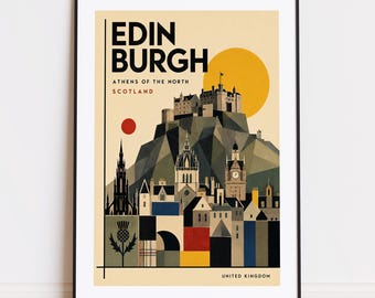 Könnte beinhalten: Ein gerahmtes Reiseplakat mit einer geometrischen Illustration von Edinburgh, Schottland. Das Design zeigt eine Burg auf einem Hügel, eine große gelbe Sonne, einen roten Kreis und ein Distel-Symbol. Der Text lautet EDINBURGH, ATHENS OF THE NORTH, SCOTLAND, UNITED KINGDOM.
