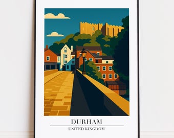 May include: A framed art print of Durham, UK, in a minimalist style. The image shows a road leading to a castle, with buildings and trees. The text "DURHAM UNITED KINGDOM" is at the bottom of the print.