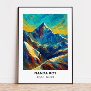 May include: A framed art print featuring a vibrant, abstract painting of a mountain range. The artwork uses bold strokes of blue, yellow, and red to depict the peaks and valleys. The text "NANDA KOT" and measurements 6.861 m | 22.510 ft are at the bottom.