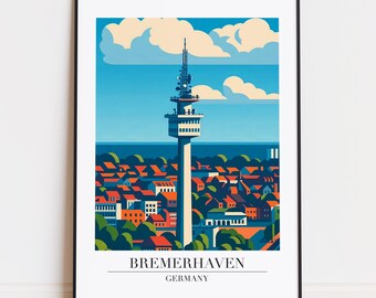 Könnte beinhalten: Ein gerahmter Kunstdruck mit einer stilisierten Illustration von Bremerhaven, Deutschland. Das Kunstwerk zeigt einen hohen Kommunikationsturm über einer Stadtlandschaft mit rotbedachten Gebäuden unter blauem Himmel mit Wolken. Der Text "BREMERHAVEN GERMANY" steht unten.