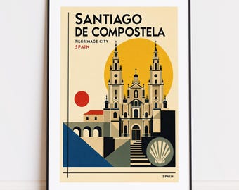 Könnte beinhalten: Ein gerahmtes Reiseplakat mit einer stilisierten Illustration der Kathedrale von Santiago de Compostela in Spanien. Das Design zeigt eine große gelbe Sonne, einen roten Kreis und eine Jakobsmuschel sowie den Text Santiago de Compostela, Pilgrimage City, Spain.