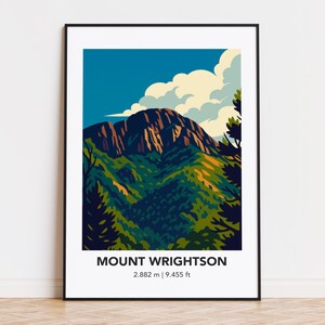 Puede incluir: Una impresión artística enmarcada que presenta una ilustración estilizada del Monte Wrightson. La obra de arte representa un paisaje montañoso con cielo azul, nubes blancas y follaje verde. El texto "MOUNT WRIGHTSON" y la elevación, 2.882 m, se muestran en la parte inferior.