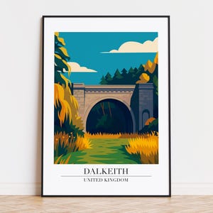 May include: A framed art print featuring a stylized illustration of a stone bridge in Dalkeith, United Kingdom. The artwork depicts the bridge arching over a path, surrounded by trees and foliage in shades of green, yellow, and orange, under a blue sky with clouds.