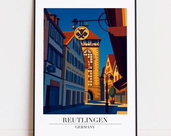 Könnte beinhalten: Ein gerahmter Kunstdruck von Reutlingen, Deutschland, mit einer stilisierten Illustration einer Straßenszene. Das Kunstwerk zeigt Gebäude in Blau- und Orangetönen, einen hohen Turm und ein Schild mit einem Symbol. Der Text "REUTLINGEN GERMANY" befindet sich unten.