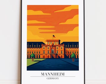 Könnte beinhalten: Ein gerahmter Kunstdruck mit einer stilisierten Illustration des Mannheimer Schlosses in Deutschland. Das Kunstwerk verwendet eine lebendige Farbpalette aus Orange, Gelb und Blau. Der Text "MANNHEIM GERMANY" ist unten auf dem Druck abgebildet.