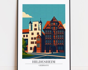 Könnte beinhalten: Ein gerahmter Kunstdruck mit einer stilisierten Illustration von Gebäuden in Hildesheim, Deutschland. Das Kunstwerk zeigt ein cremefarbenes Gebäude mit roten Akzenten und ein dunkelbraunes Gebäude mit rotem Dach vor blauem Himmel. Der Text "HILDESHEIM GERMANY" steht unten.