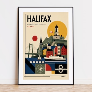 Può includere: Una stampa artistica incorniciata con un'illustrazione stilizzata di Halifax, Canada. L'opera d'arte include un ponte, edifici, una nave e una rosa dei venti, con il nome della città in evidenza. La tavolozza dei colori comprende rosso, blu, giallo e beige.
