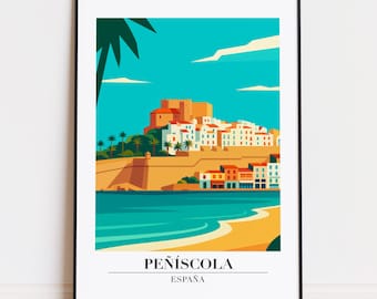Póster Peñíscola España: Ilustración de viajes modernos de Peñíscola