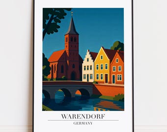 Könnte beinhalten: Ein gerahmter Kunstdruck mit einer stilisierten Illustration von Warendorf, Deutschland. Das Kunstwerk zeigt eine Kirche, eine Brücke und farbenfrohe Gebäude an einem Fluss unter blauem Himmel. Der Text "WARENDORF GERMANY" befindet sich unten.