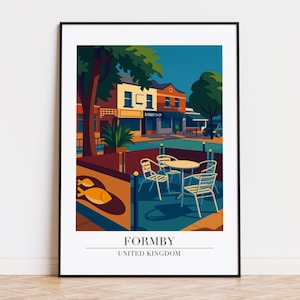 Puede incluir: Una impresión artística enmarcada con una ilustración estilizada de Formby, Reino Unido. La obra representa una escena callejera con una barbería, asientos al aire libre y una bicicleta. La paleta de colores incluye azules, amarillos y verdes.