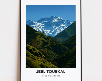 Cartel de Jbel Toubkal: Ilustración de montaña, arte de la naturaleza