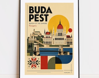 Könnte beinhalten: Ein gerahmter Kunstdruck mit einer stilisierten Illustration von Budapest, Ungarn. Das Kunstwerk enthält den Text "BUDAPEST" und "QUEEN OF THE DANUBE". Das Bild zeigt das ungarische Parlamentsgebäude, eine Brücke und einen Fluss, mit einer gelben Sonne im Hintergrund.