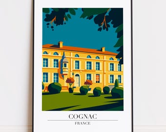 Pôster de conhaque em estilo moderno de pôster de viagem.