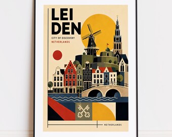 May include: A framed travel poster of Leiden, Netherlands, featuring a stylized cityscape with a windmill, church tower, and bridge over water. The text reads LEI DEN, CITY OF DISCOVERY, NETHERLANDS. The design includes a yellow sun and red circle.