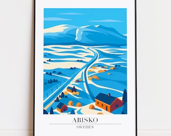 Op de afbeelding: Een ingelijste kunstdruk met een gestileerd landschap van Abisko, Zweden. Het kunstwerk gebruikt een palet van blauw, oranje en geel om een weg weer te geven die door een vallei slingert, met bergen op de achtergrond. De tekst onderaan luidt "ABISKO ZWEDEN."