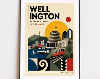 Könnte beinhalten: Gerahmter Kunstdruck mit einer stilisierten Illustration von Wellington, Neuseeland. Der Druck zeigt den Text "WELLINGTON" und "HARBOUR CAPITAL NEW ZEALAND". Das Bild zeigt eine Stadtlandschaft mit roter Straßenbahn, Gebäuden und gelber Sonne.