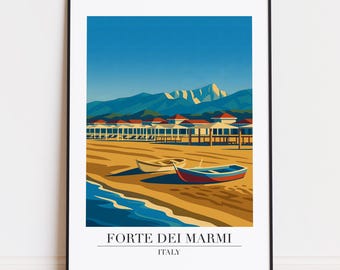 May include: A framed art print of Forte dei Marmi, Italy. The image depicts a beach scene with two boats, a pier, and mountains under a blue sky. The text "FORTE DEI MARMI ITALY" is at the bottom.