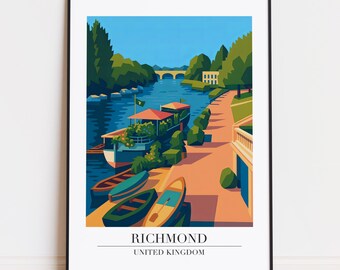 May include: A framed art print of Richmond, United Kingdom, featuring a river scene with boats, a bridge, and lush greenery. The artwork has a flat, stylized design with vibrant colors, including blue, green, and orange. The text "RICHMOND UNITED KINGDOM" is at the bottom.