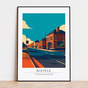 Puede incluir: Una impresión artística enmarcada que presenta una ilustración estilizada de Bootle, Reino Unido. La obra de arte representa una escena callejera con edificios en tonos naranja y rojo, un cielo azul y el texto "BOOTLE UNITED KINGDOM".