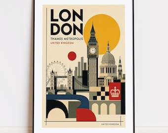 Afdrukken Londen Verenigd Koninkrijk: Bauhaus-stijl reisposter Londense poster