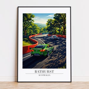 May include: A framed art print of a race car on a winding track. The green car is labeled with "Holden" and "Xbox One." The track is surrounded by trees and red barriers. The word "Bathurst" and "Australia" are printed at the bottom.