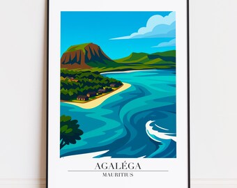 May include: A framed art print of Agaléga, Mauritius. The landscape features a turquoise ocean, a sandy beach, and a green island with a mountain. The sky is blue with white clouds. The text "AGALÉGA MAURITIUS" is at the bottom.