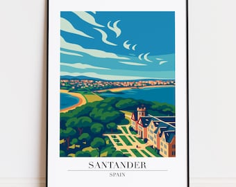 May include: A framed art print featuring a stylized illustration of Santander, Spain. The artwork depicts a coastal landscape with a blue sky, green trees, and buildings. The text "SANTANDER SPAIN" is at the bottom.