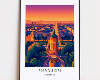 Könnte beinhalten: Ein gerahmter Kunstdruck von Mannheim, Deutschland, mit einer stilisierten Illustration der Architektur der Stadt. Das Kunstwerk zeigt eine lebendige Farbpalette, einen markanten Turm und den Text "MANNHEIM GERMANY" am unteren Rand.