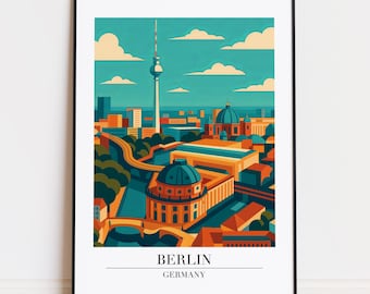 Könnte beinhalten: Ein gerahmter Kunstdruck mit einer stilisierten Illustration von Berlin, Deutschland. Das Kunstwerk zeigt Wahrzeichen wie den Fernsehturm und ein Kuppelgebäude, dargestellt in Türkis, Orange und Braun. Die Wörter "BERLIN" und "GERMANY" sind unten aufgedruckt.