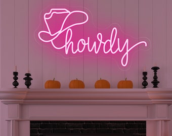Howdy Leuchtreklame, Nordamerikanisches Gruß-Neonlicht, Cowboy-Hut-Schild, College-Wohnheim-Dekor, Cowboy-Party-Dekor, Hallo-Schild, westliches Wohndekor