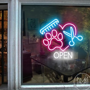 Letrero de neón personalizado de mascotas abiertas, letrero de neón de spa para mascotas, letrero de neón de tienda de mascotas abiertas, letrero de peluquería canina, letrero LED de salón de mascotas, decoración de spa para mascotas, letrero de bienvenida a tienda de mascotas