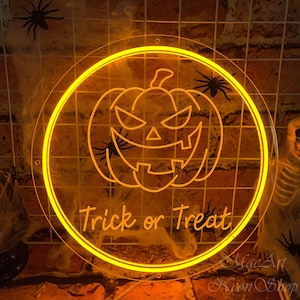 Halloween Decor Lights | Trick or Treat Neon Sign | Family Holiday Decor | Custom Handmade Art Neon Light | Halloween Pumpkin | Neon Sign