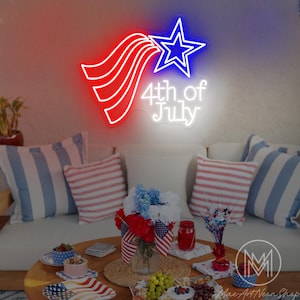 Letrero de neón del 4 de julio, letrero con estrellas y bandera, arte mural para el Día de la Independencia, decoración de sala de estar, regalo para veteranos, decoración del 4 de julio