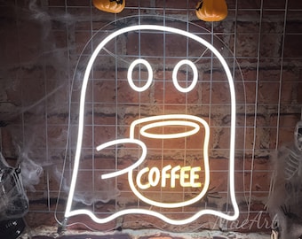 Cute Spooky Coffee Neon Sign, Spooky Ghost, Halloween Party Light Up, Ghost Neon Light, Halloween Ghost Trick Or Treat,Fall Coffee Lover LED