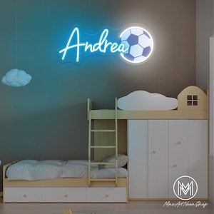 Placa de futebol personalizada com nome neon, impressão UV, placa de nome LED, decoração de parede para quarto de menino, berçário, esportes, festa de aniversário, presentes para crianças