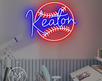 Letrero de neón con nombre de béisbol personalizado, luz de neón con nombre de béisbol personalizado, arte de pared para habitación infantil deportiva, decoración de pared LED para dormitorio, regalo para fanáticos del deporte.
