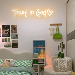 Placa de neon de confiança em Deus, placa de neon de fé, placa de neon de versículo bíblico, arte de parede de Deus, decoração de parede de dormitório, presentes para cristãos, presentes cristãos
