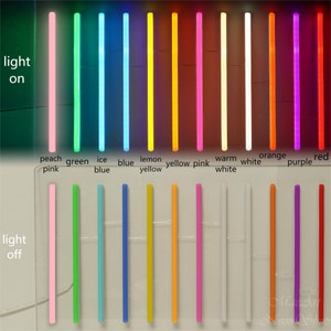 Op de afbeelding: Een vergelijking van 10 verschillende gekleurde neonlichten, zowel aan als uit. De kleuren zijn perzikroze, groen, ijsblauw, blauw, citroengeel, geel, roze, warm wit, wit, oranje, paars en rood.