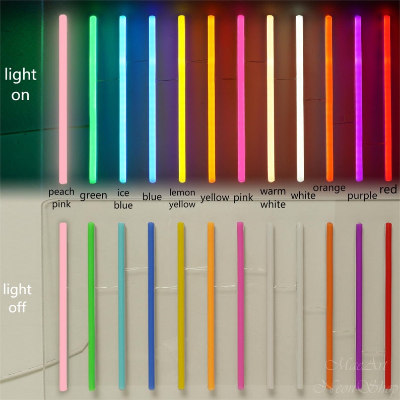 Op de afbeelding: Een vergelijking van 10 verschillende gekleurde neonlichten, zowel aan als uit. De kleuren zijn perzikroze, groen, ijsblauw, blauw, citroengeel, geel, roze, warm wit, wit, oranje, paars en rood.