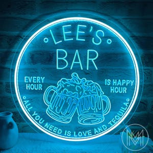 Insegna al neon personalizzata per bar, insegna al neon per bar aperto, insegna per bar con cocktail di whisky e tequila, insegna luminosa per bar per marito, regalo per la festa del papà, insegne per birra