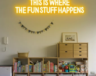 Neonreclame This is Where The Fun Stuff Happens, bord kinderspeelkamer, kinderkamerdecor, muurdecoratie speelkamer, kinderkamermuurkunst, bord 'Let's Play'
