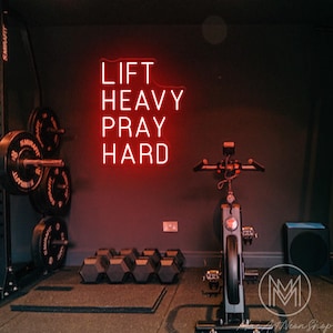 Lift Heavy Pray Hard Neon Sign Gym Wall Neon Sign Fitness Wall Motivational Sign Gym Quote Sign Christian Gym Decor Office Gym Sign