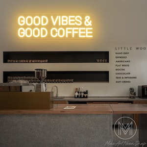 Placa de neon com boas vibrações e bom café, placa iluminada para café, decoração de restaurante com luz neon para cafeteria, decoração de cozinha, placa de boas-vindas aberta