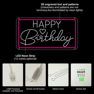Op de afbeelding: Een roze neon-bord met de woorden "HAPPY Birthday" in wit schrift. Het bord wordt gevoed door een USB-kabel en wordt geleverd met een schakelaar, ketting en schroeven om op te hangen.